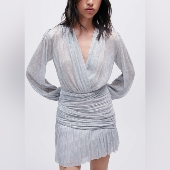 NWT MAJE Silver Shimmer Draped Lurex Mini Dress Size 40 - Picture 1 of 5